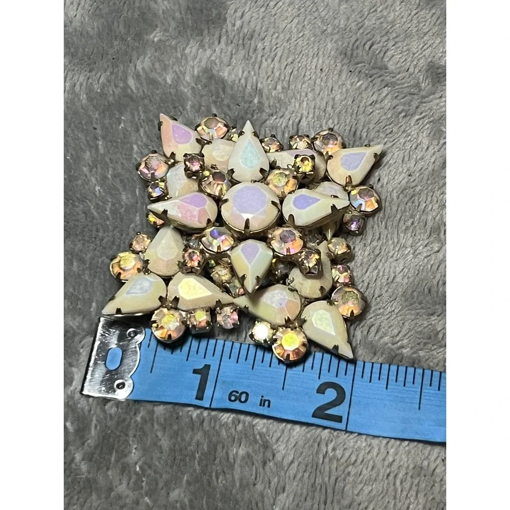 Vintage AB Rhinestone Brooch Milk Glass Aurora Borealis Statement Pin Retro